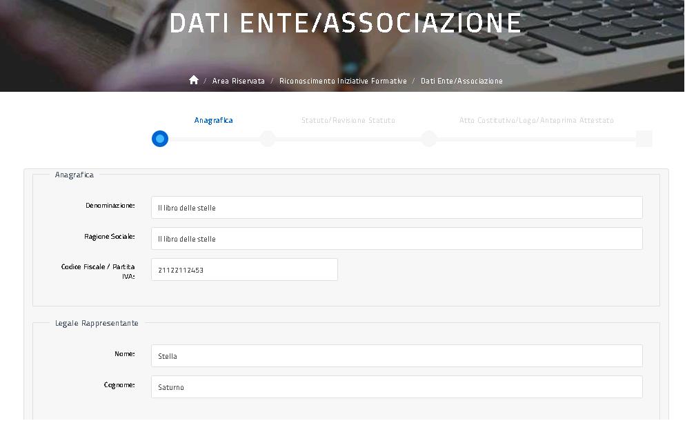 Compilazione dei dati di anagrafica Dalla pagina sopra illustrata, selezionando la funzione DATI ENTE/ASSOCIAZIONE, l utente procede con l inserimento dei dati dell Ente o dell Associazione