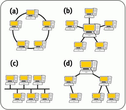 Topologia di rete Le infrastrutture di rete possono assumere vari schemi di connessione dei dispositivi (topologia di rete) esempi di topologie: (a) Anello (ring) (b) Stella (star) (c) Bus (d) Albero
