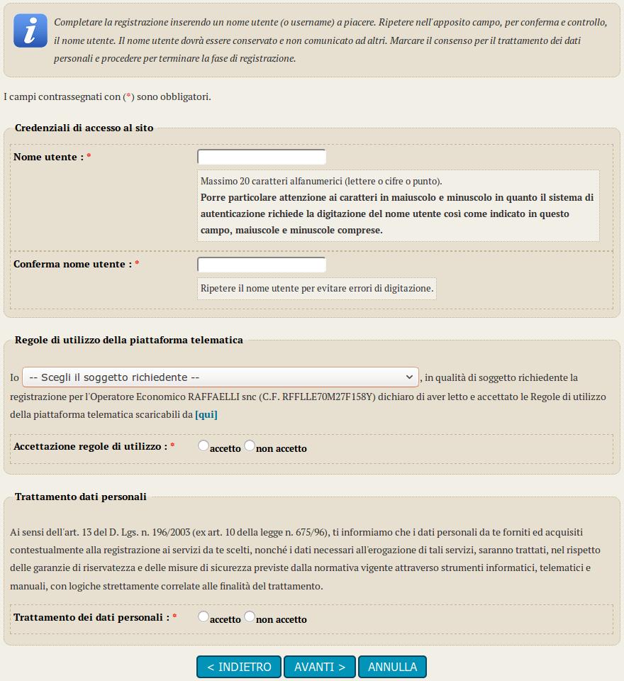 Nella scheda relativa all utenza inserire il nome utente (a scelta dell operatore economico 1 ) che si intenderà utilizzare in un secondo momento per accedere all Area Riservata.