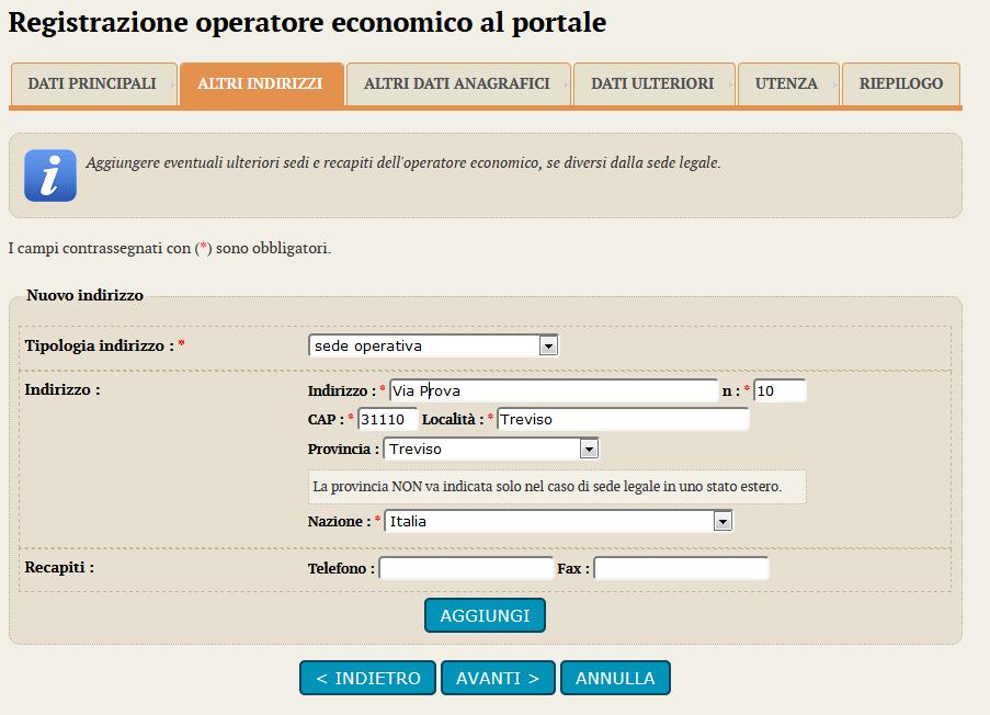 Inserire gli eventuali ulteriori indirizzi oltre a quello principale relativo alla sede legale inserito nella scheda Dati principali.