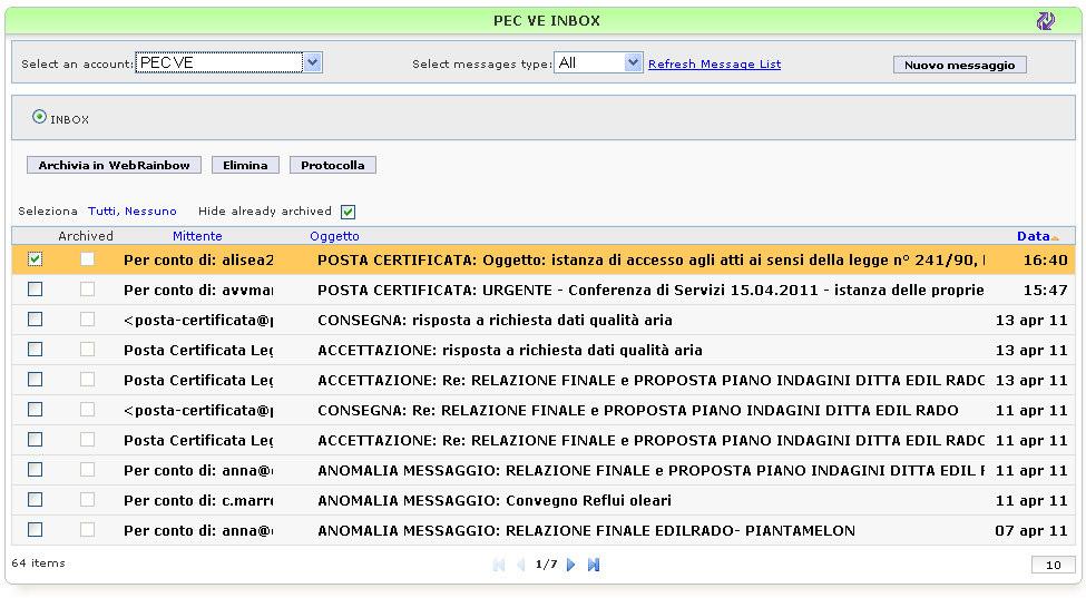 2.2 Gestione Posta Elettronica Certificata (PEC) Il modulo di Protocollo standard prevede una gestione della Posta Elettronica Certificata (PEC), che permette l archiviazione e la protocollazione