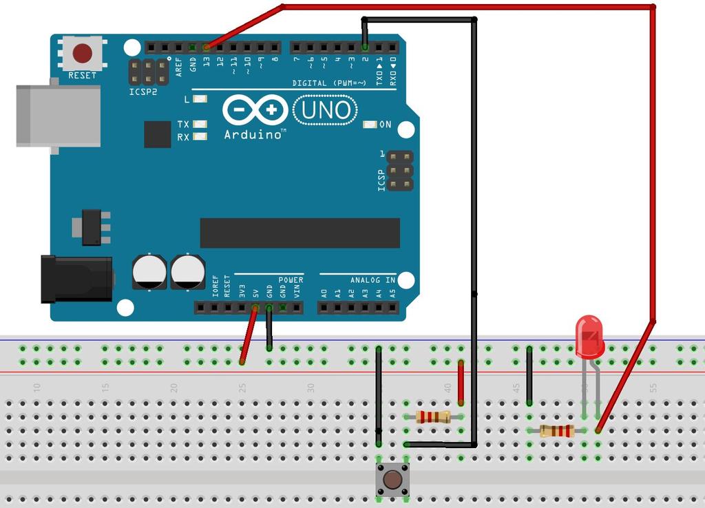 fig p3 - lo schema elettrico e quello pratico con breadboard /* Esercitazione 2 : PushButton_01 *********************************************************** * Il pulsante è collegato, da un lato a