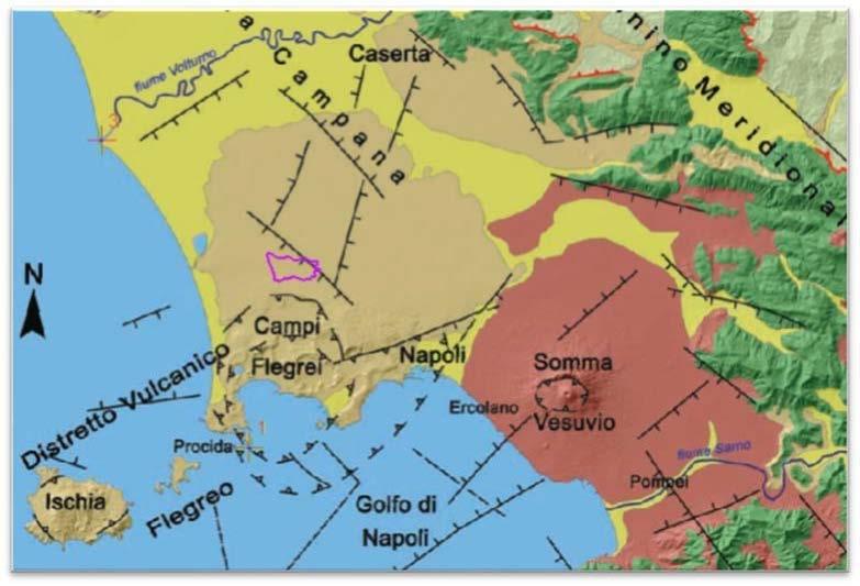 Assetto geologico Il territorio comunale (in viola) rientra nella porzione centrale della Piana Campana, un ampio graben formatasi nel Pleistocene Inferiore a seguito dello