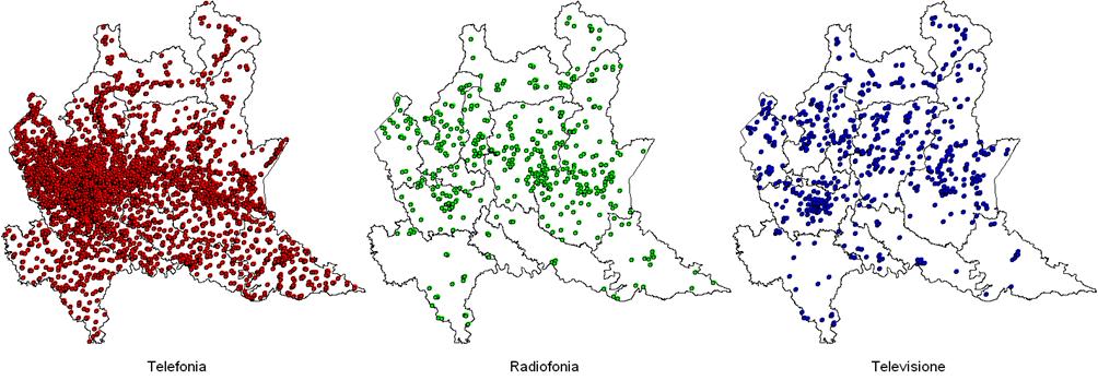 Figura A2.7.4: sorgenti di campi elettromagnetici in Lombardia Fonte: ARPA Lombardia La grande maggioranza della popolazione piemontese risulta esposta a valori molto bassi di campo elettrico.