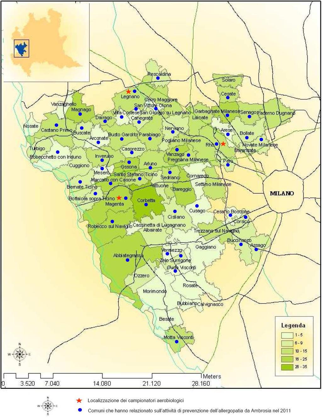 Figura 1 - ASL Milano 1: rete di monitoraggio aerobiologico e mappa 211 delle aree infestate da