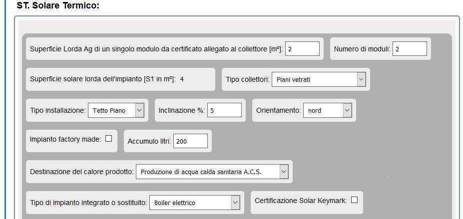 4.3. Impianti solare termico per produzione di acqua calda sanitaria e/o di climatizzazione degli ambienti I campi evidenziati in verde si compilano attraverso il menù a tendina con i dati stabiliti