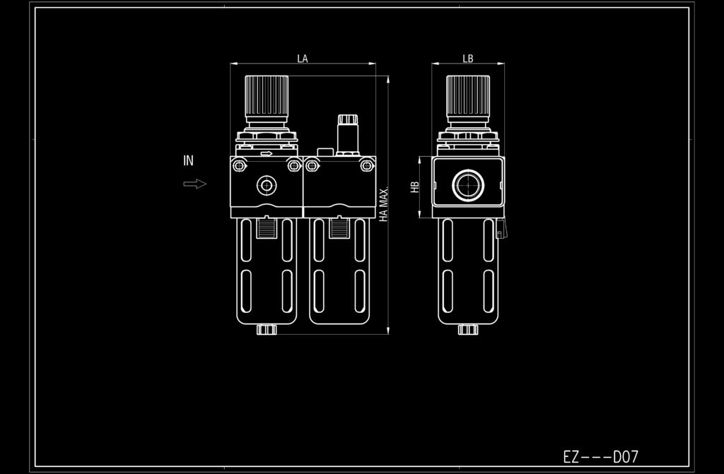 6 bar P = 1 bar G 3/8 = 680 Nl/min G 1/2 = 1200 Nl/min G 1/2 = 2300 Nl/min Viti di fissaggio a parete G 3/8: Mx60 G 1/2: M5x70 G 1: M6x90 DIMENSIONI DI INGOMBRO E PESI FR+L HA HB LA LB PESO 3 193 52