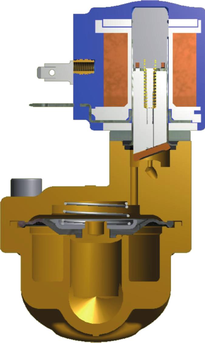 Scheda tecnica Elettrovalvole servoazionate indirette a 2/2 vie, Tipo EV220W 10 - EV220W 50 Funzionamento NC 1. Bobina 2. Molla armatura 3. Armatura 4. Orifizio pilota 5. Membrana 6.