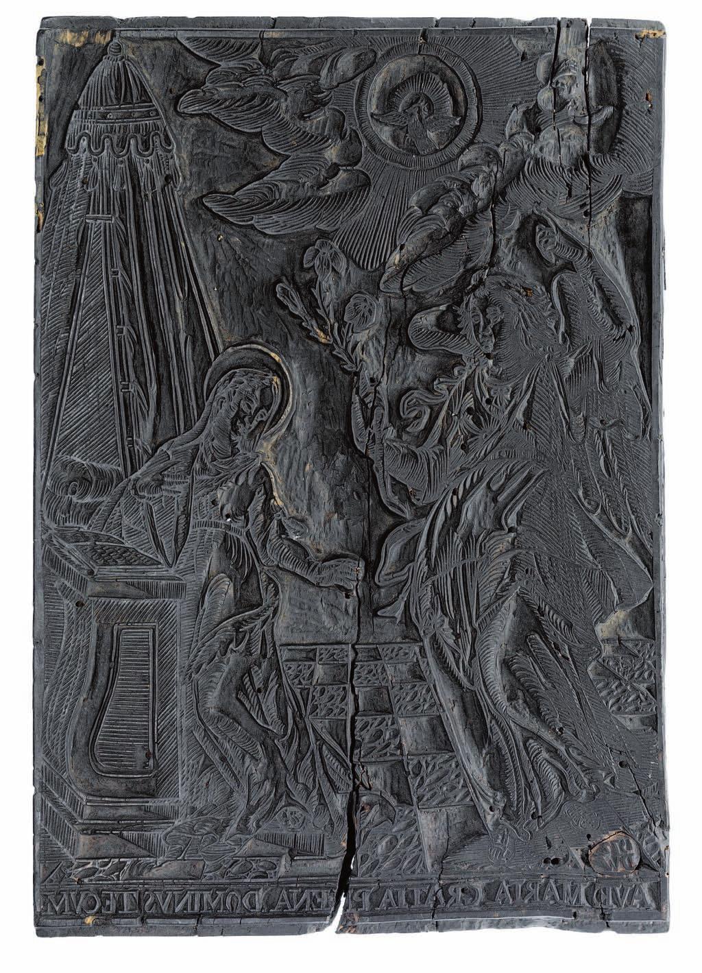 Fig. 4: Matrice in legno dell Annunciazione, usata dalla tipografia degli eredi Cassiani di Modena per l immagine inserita nell avviso del 1690 della confraternita modenese dell Annociata, ma già