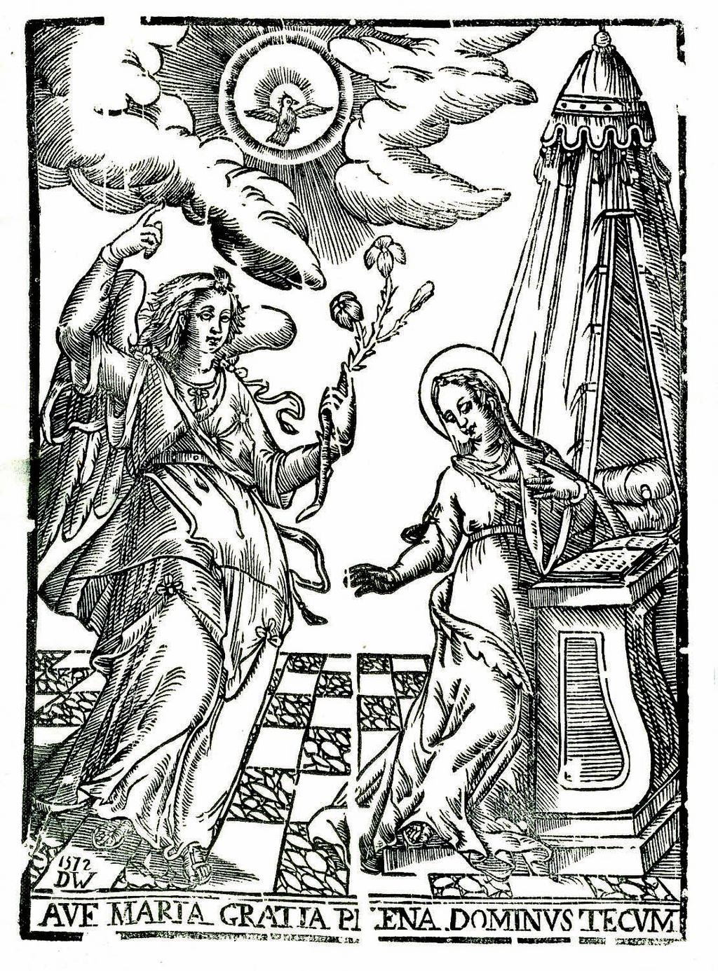 Fig. 6: Xilografia dell Annunciazione tirata, nella seconda metà dell Ottocento, dalla stessa matrice usata dagli Eredi Cassiani di Modena nel 1690, ma poi alterata dall editore Barelli di Milano con