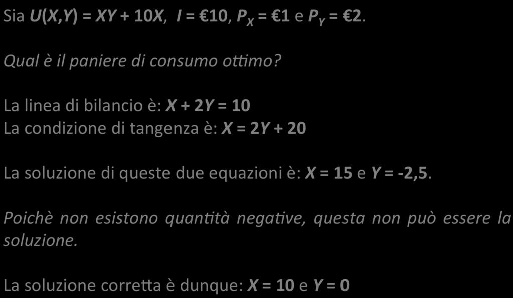 Soluzione d angolo Sia U(X,Y) = XY + 10X, I = 10, P X = 1 e P Y = 2.