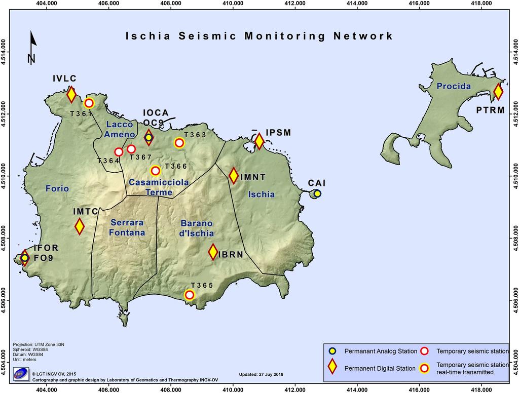 INGV/Osservatorio Vesuviano Bollettino Mensile di Sorveglianza Ischia Luglio 2018 Figura 1.3 - Localizzazioni ipocentrali ad Ischia nel corso degli ultimi 12 mesi.