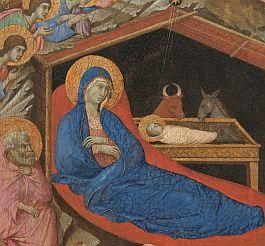 La Natività della Pala della Maestà di Duccio Duccio ripropone la classica iconologia medievale, che vede Giuseppe solo e in disparte, rattristato per non essere riuscito a