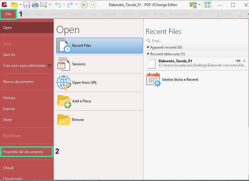 Una volta che il file PDF si sarà aperto clicca, in alto, sul menu FILE (1) e successivamente su PROPRIETA