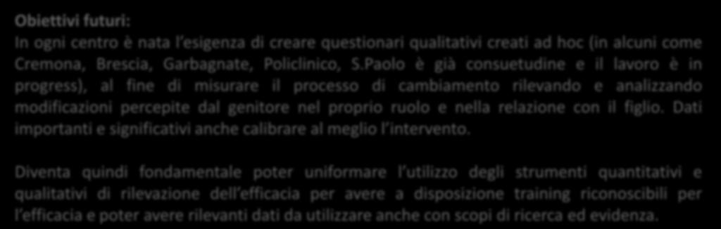 centro è nata l esigenza di creare questionari qualitativi creati ad hoc (in alcuni come Cremona, Brescia, Garbagnate, Policlinico, S.