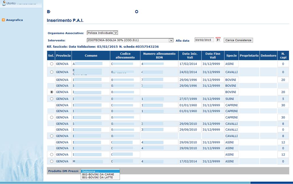 Il tasto Carica Consistenza preleva i dati alla data del Fascicolo Aziendale Zootecnico di Coordinamento Certificato e se non presente viene preso il Dichiarato.