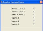 Dopo aver richiamato la voce prescelta, indicare su quale centro di costo o reparto si vogliono ripartire i costi che possono essere esposti in ore o in %. Le voci disponibili sono: Cod.