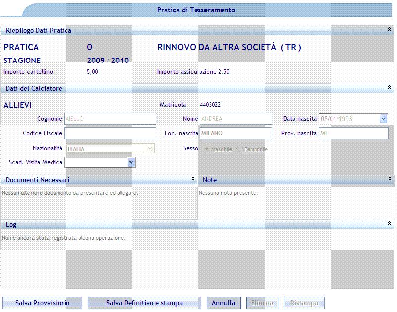 Dopo aver premuto su uno degli atleti verrà visualizzata una form simile alle precedenti che permette la modifica della sola Data Scadenza Visita medica e (nel caso di giocatore straniero) se è già