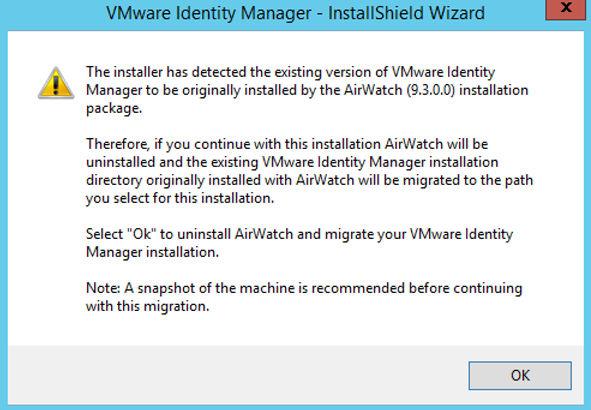 Eseguire la migrazione a VMware Identity Manager 3.3 dall'installazione di AirWatch (Windows) Procedura 1 Fare doppio clic sul programma di installazione di VMware Identity Manager.
