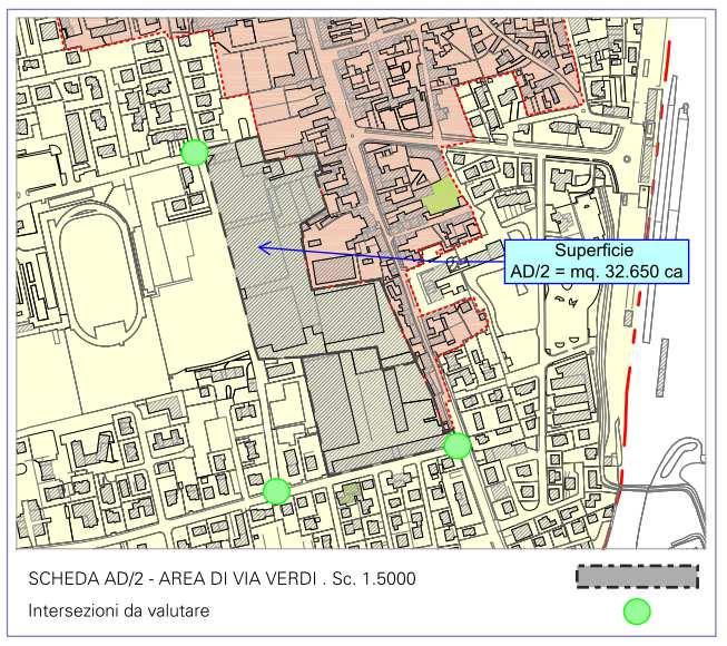 SCHEDA n. AD/2 AREA DI VIA VERDI Individuazione ambito L area è posta nel a ridosso del Centro Storico della città murata e si colloca in un contesto prettamente residenziale e a servizi collettivi.