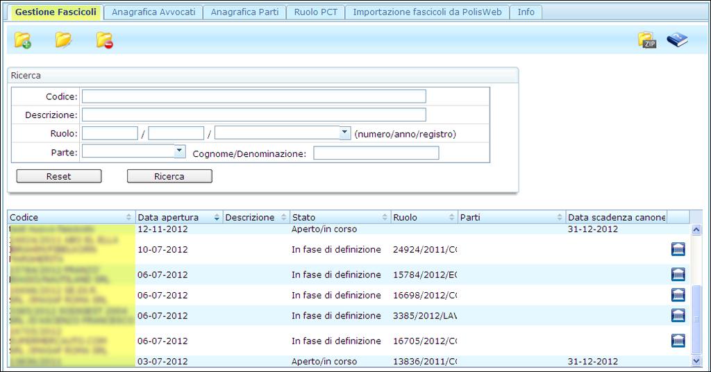 In questa sezione è presente l elenco di tutti i fascicoli del gestionale, sia i fascicoli Quadra (creati cioè col gestionale di Quadra), sia quelli importati dal sistema PolisWeb.