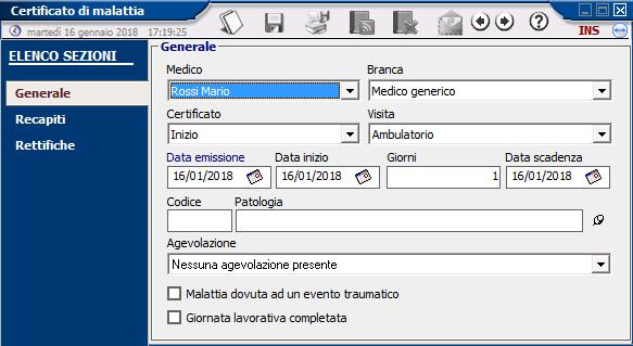 Certificati di malattia Per creare un certificato di malattia, selezionare Certificati di malattia dal menù ad albero sulla sinistra.