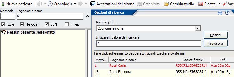 Lista pazienti revocati Cercare i pazienti revocati, biffando la casella Revocati.