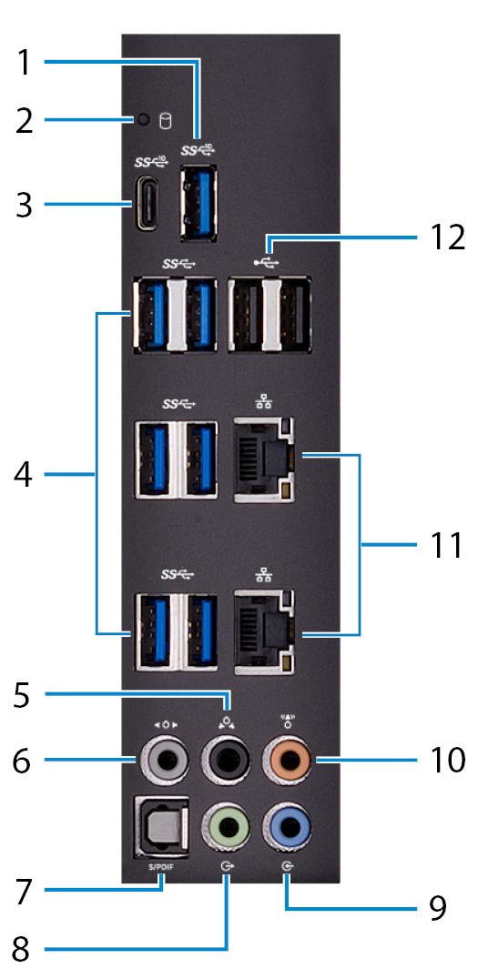 Pannello posteriore 1 Porta USB 3.1 Gen 2 Collegare periferiche come dispositivi di archiviazione e stampanti. Offre velocità di trasferimento dei dati fino a 10 Gbps.