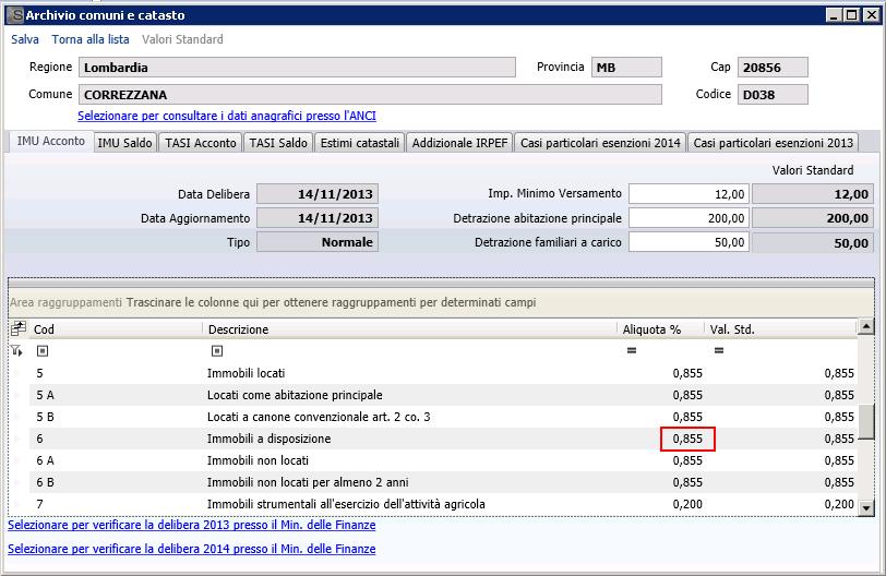 Variazione tra aliquote standard