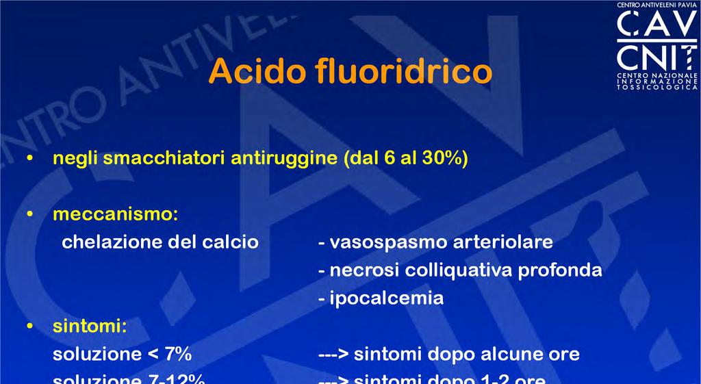 Acido fluoridrico negli smacchiatori antiruggine (dal 6 al 30%) meccanismo: chelazione del calcio sintomi: soluzione < 7% soluzione 7-12% soluzioni > 14,5% -