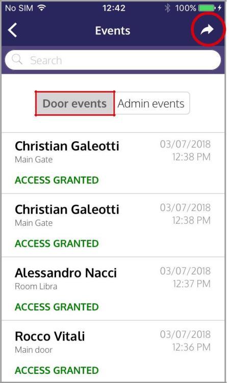 Cerca gli Eventi porta da nome cliente o nome porta Ogni evento porta mostra: Nome Cliente Nome porta Data e ora evento Risultato (Accesso consentito)* *