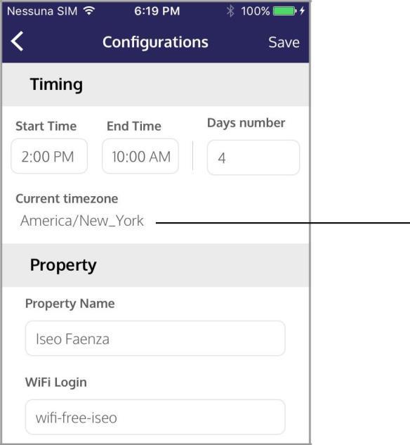 Funzioni avanzate Fuso orario Controlla il Corrente Fuso orario in Argo Host nel menu Configurazione. Ora dovrebbe essere allineato al tuo telefono. In questo esempio: America/New_York.