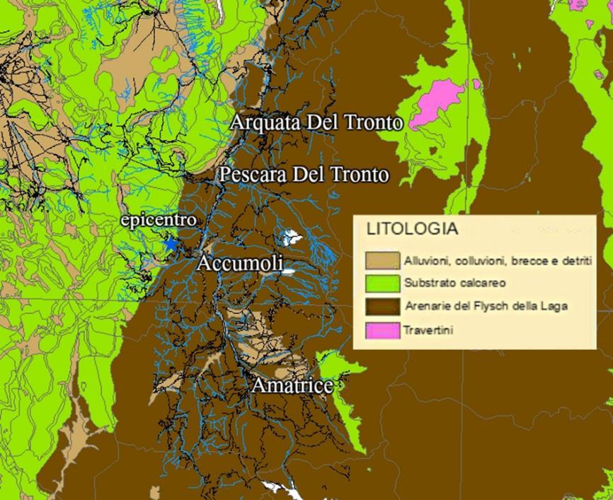 Carta litologica 1:100000 I litotipi maggiormente presenti sono le arenarie del Flysch della Laga e il substrato calcareo, tipico dell Appennino Centrale.