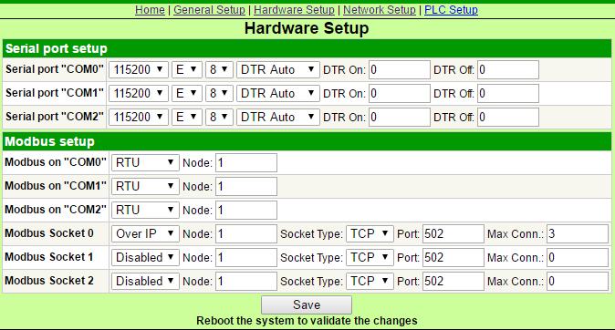 Nella pagina Hardware Setup è possibile modificare i parametri per la comunicazione modbus del dispositivo, come baudrate, parità e nodo modbus.