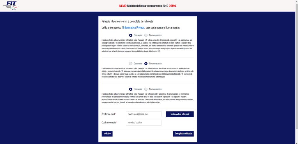 Richiesta utente «nuovo tesserato» Richiesta codice di verifica via mail Digitare il proprio indirizzo mail (deve essere lo stesso indicato nell anagrafica) Cliccare su «Invia codice di verifica via