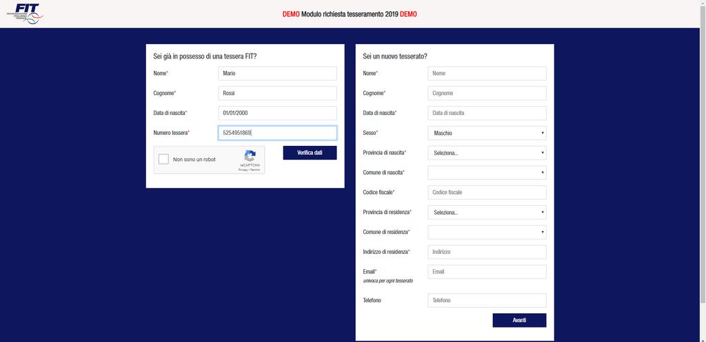 Richiesta utente già tesserato Inserimento dati anagrafici/ numero tessera FIT e accesso da Tesserato FIT Compilare tutti i campi (Nome, Cognome, Data di nascita nel formato GG/MM/AAAA, Numero