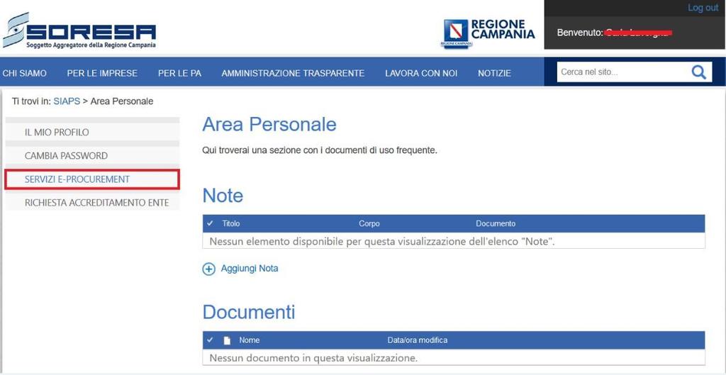 Dopo aver inserito correttamente i dati richiesti, si accede all area riservata cliccando su Entra.