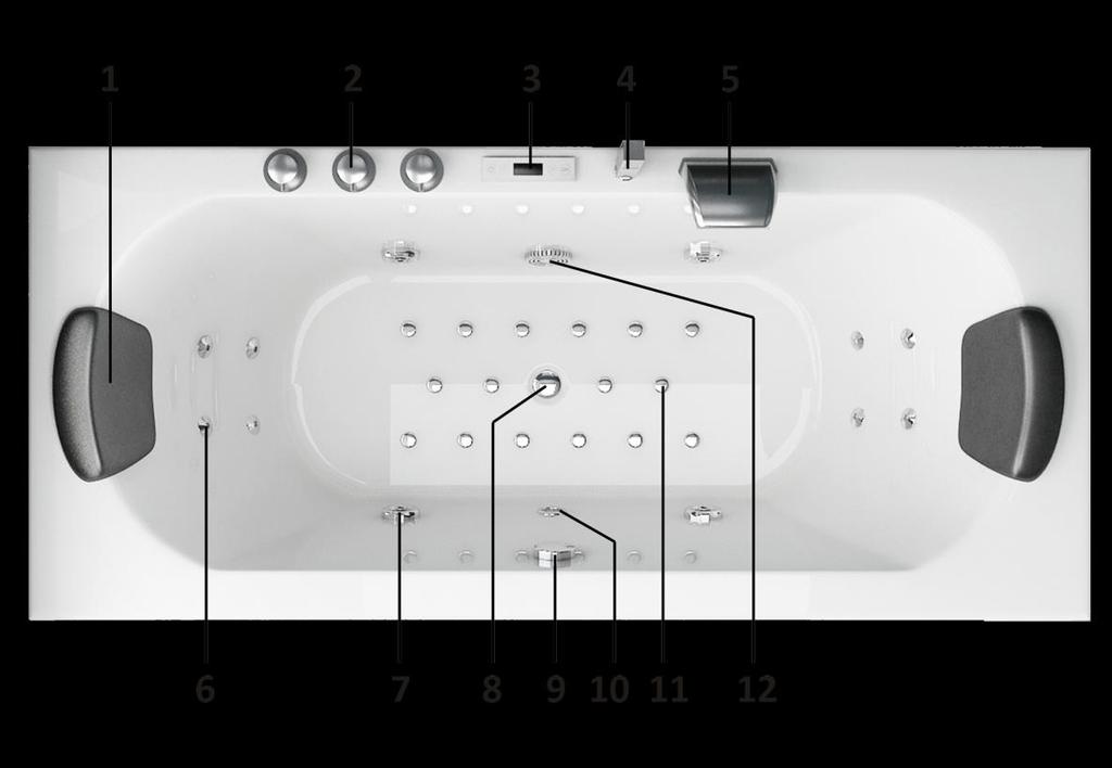 Componenti della vasca da bagno 1. Poggiatesta 2.