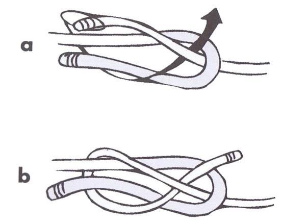 Nodo piano Per unire due corde di uguale spessore e materiale. Non va usato per forti pesi, in quanto sotto sforzo intenso si rovescia e perde la sua sicurezza.