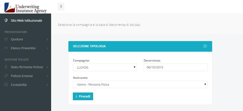 3.3 COMPAGNIA E DECORRENZA Il passaggio successivo è quello di selezionare la Compagnia della quale si desidera quotare il rischio, la decorrenza della polizza ed il sesso dell Assicurato.