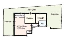 soggiorno/cottura, due stanze doppie, bagno, due balconi, terrazzo, cantina, garage doppio.