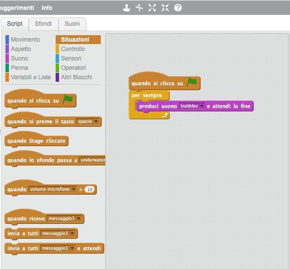 4 CONTINUA MINIPROGETTO 3, clicca su script e costruisci lo script per ascoltare BUBBLES di continuo.