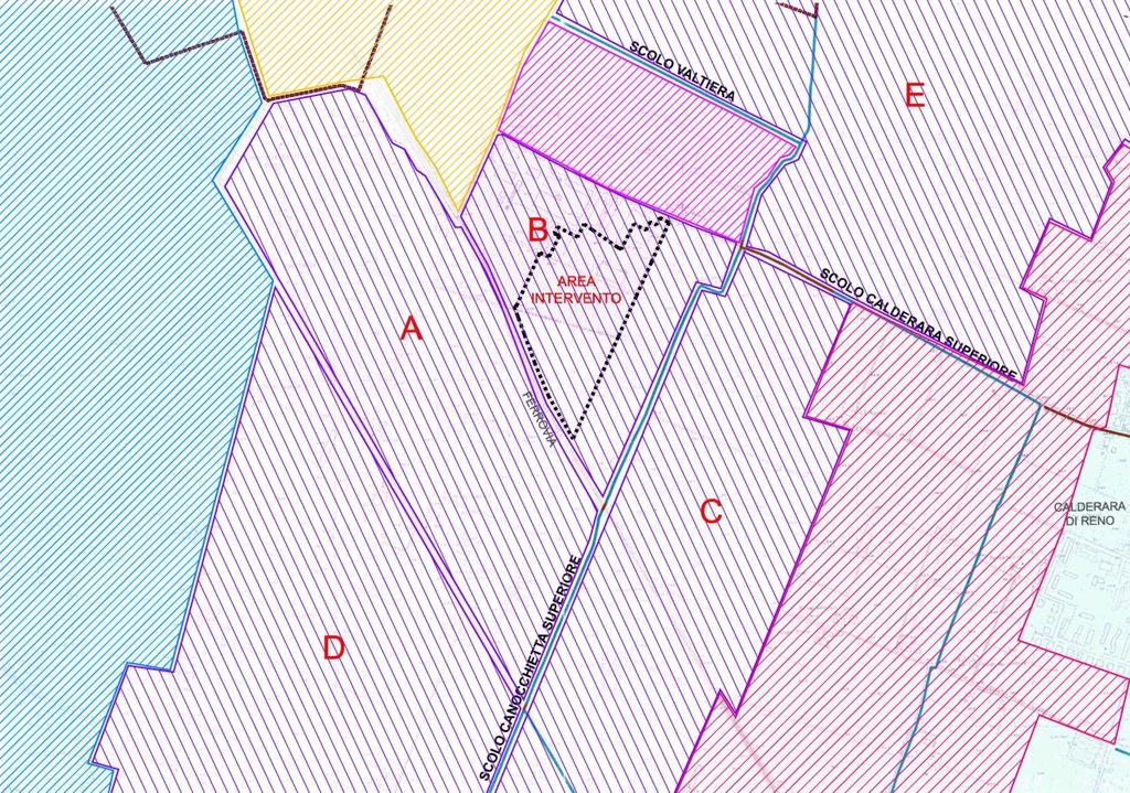 Allo stato attuale, come visibile dalla planimetria sopra riportata, le acque ricadenti nell area d intervento così come le aree contrassegnate con le lettere A, B, C, D, E.
