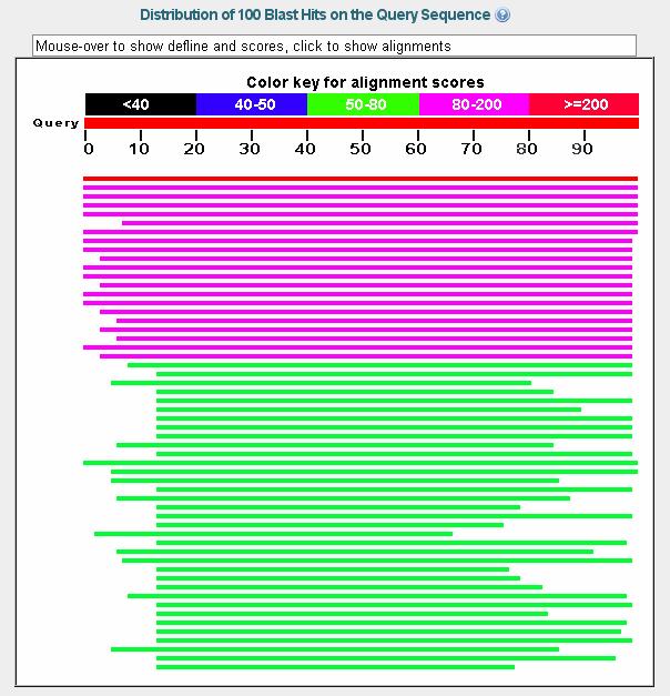 La results page di BLAST Graphic summary Se BLAST riconosce una similarità ampia con una o più famiglie proteiche note, lo indica in modo