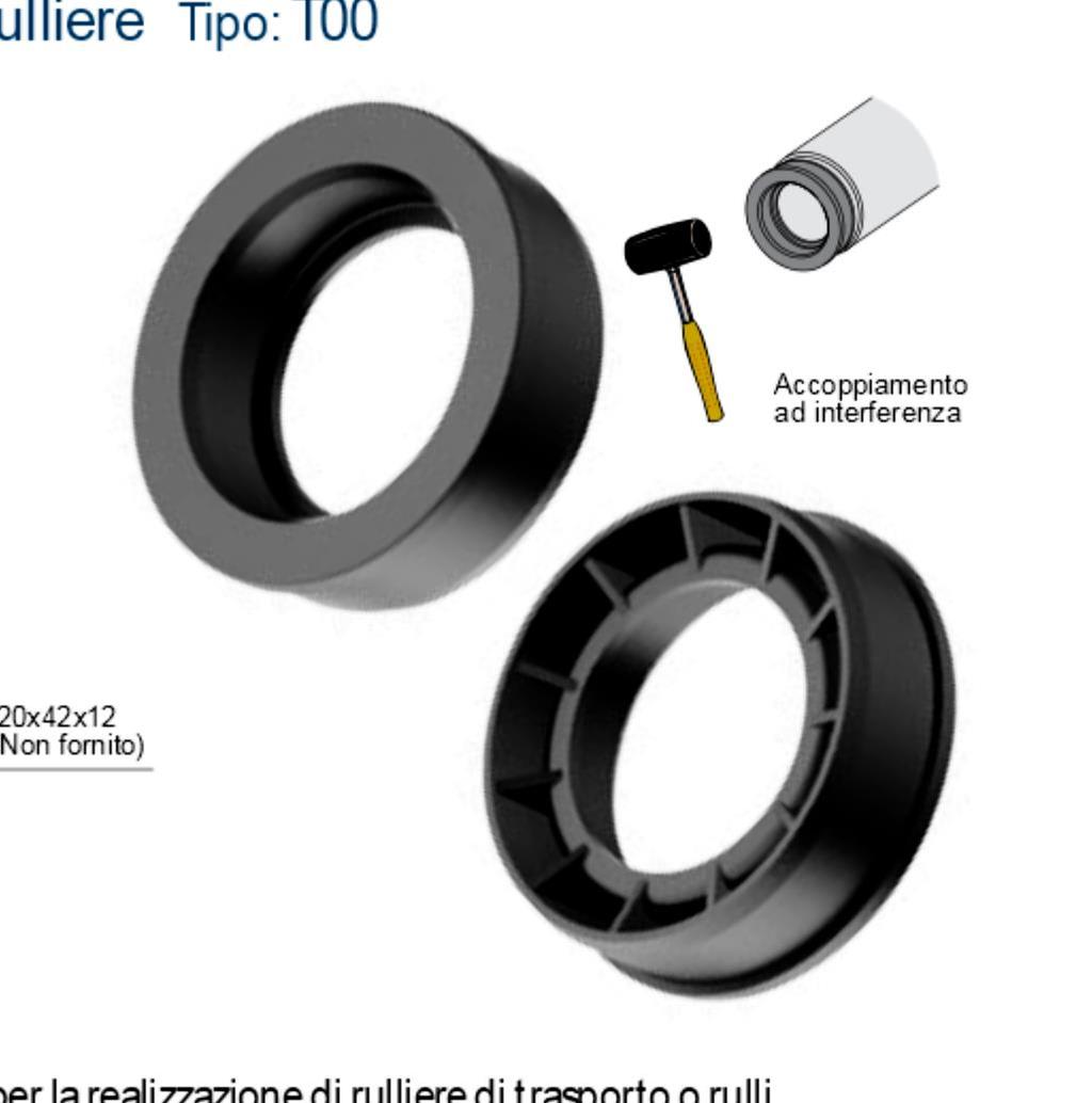 COMPONENTI PER RUIERE FOI E MOTORIZZATE Flangia portacuscinetto per rulli T00 ø ø ø ø 57. 42 60 Cuscinetto 2 6004-2RS (N T00 CP00046 15 MATERIAI: Flangia in poliammide colore nero.