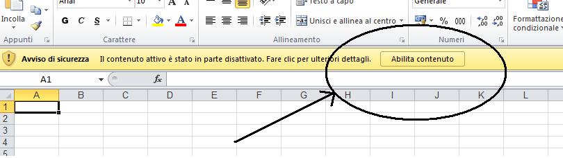 La prima attivazione (cerchio numero 1) consente di attivare la macro che permette il funzionamento della maschera, mentre la seconda (cerchio numero 2) consente il caricamento dei dati associati