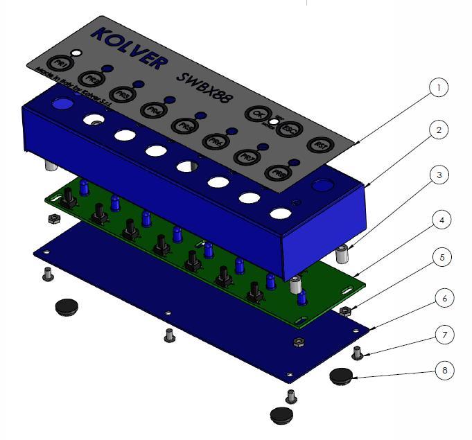 ESPLOSO SWITCHBOX: PARTI DI RICAMBIO: Posizione Descrizione Quantità Codice 1 Pellicola switchbox EDU 2AE/TOP 1 880019 2 Coperchio switchbox EDU 2AE/TOP 1 880017 3 Distanziale 8mm 5 872435/N 4 Scheda