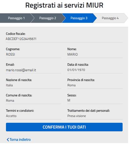Il Passaggio 3 prevede la conferma della correttezza dei dati inseriti.