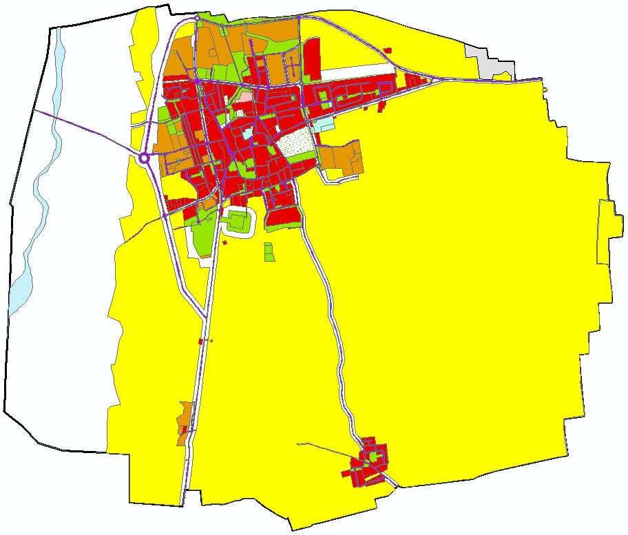 Sistema Urbano Sistema urbano esistente La superficie territoriale va a suddividersi in : Residenziale (rosso) Produttivo (arancione) Agricolo (giallo) Verde privato (bianco-verde) Corpi idrici