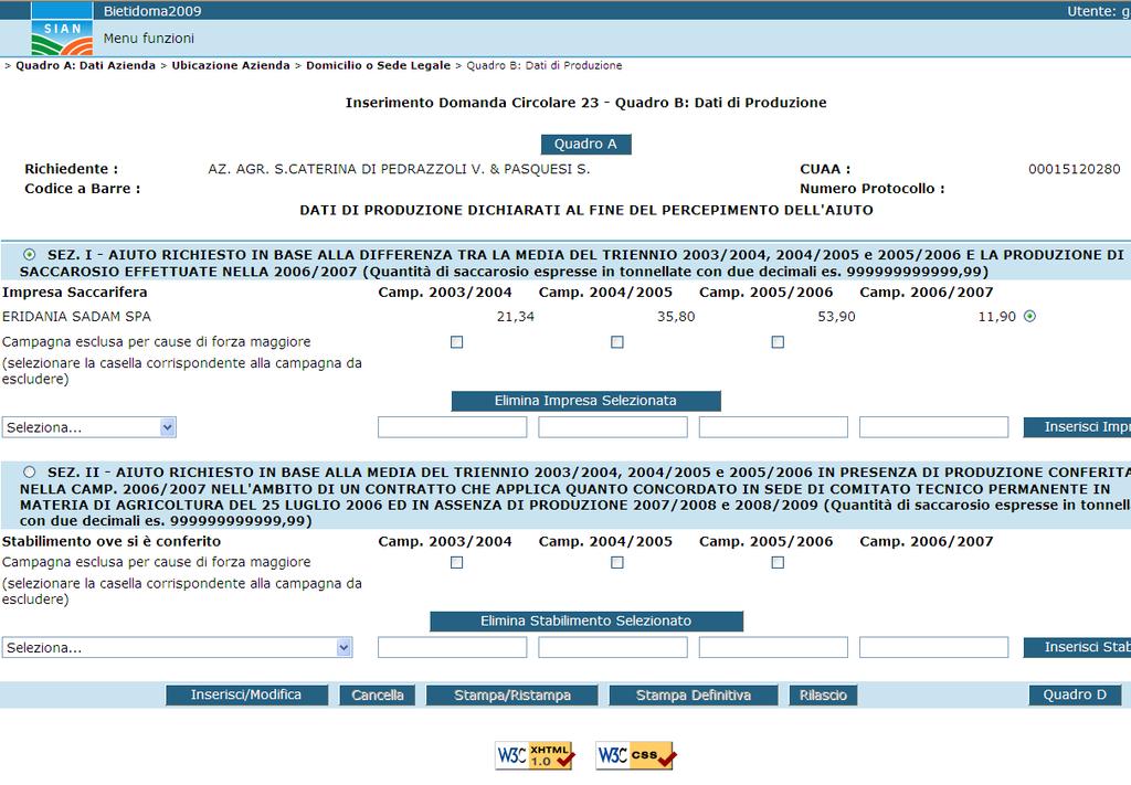 Per eliminare uno stabilimento e i relativi quantitativi editati, sarà necessario selezionare la